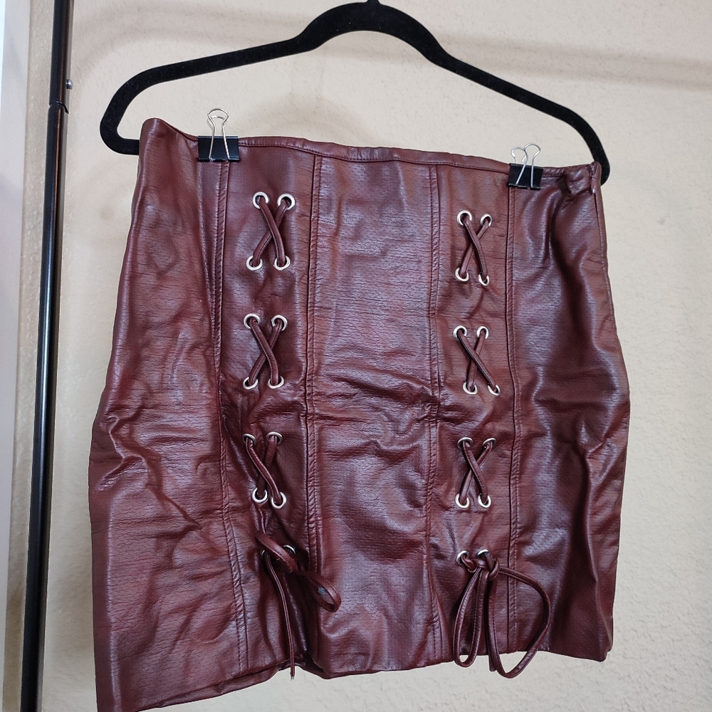 Shinestar Faux Leather Lace Up Mini Skirt